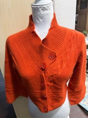 Cropped Orange Button-Front Knit Cardigan